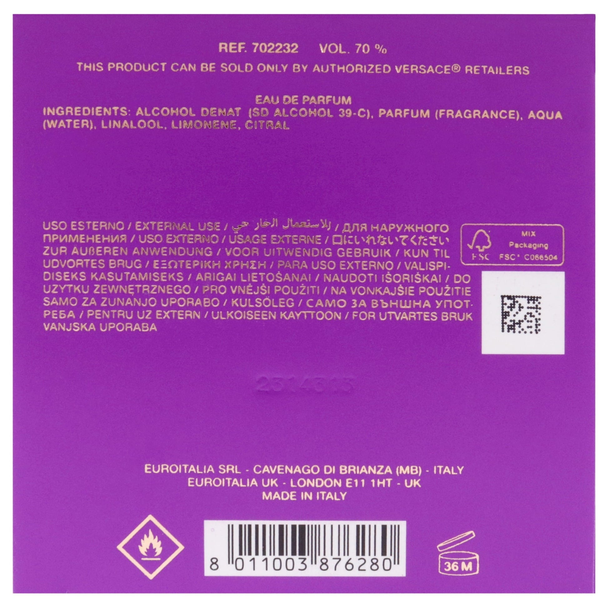 Back of a Versace perfume bottle label with purple background and white text.