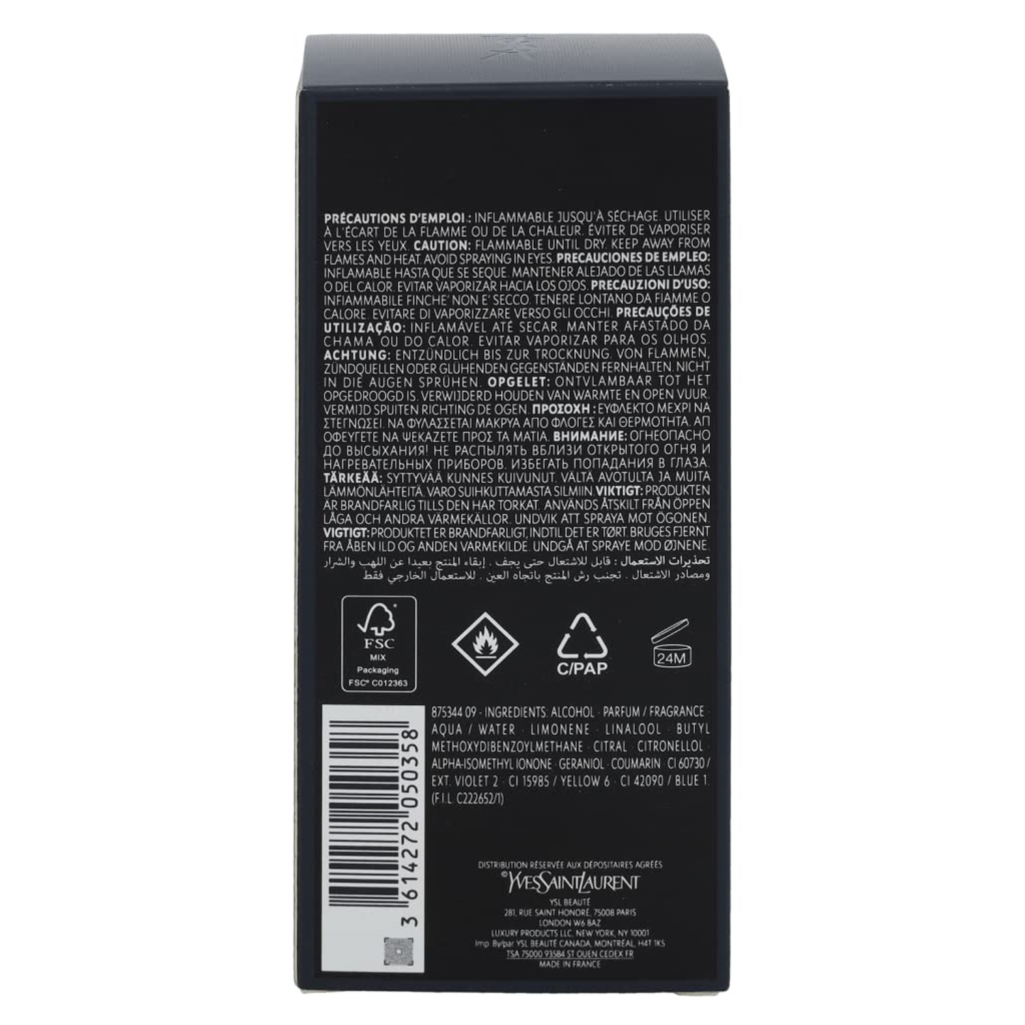 Back of a black product packaging with text and symbols on a white background