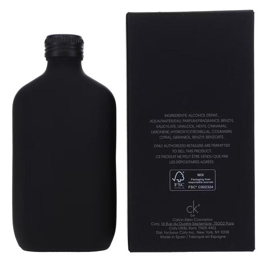 Black perfume bottle and packaging with ingredient list on a white background