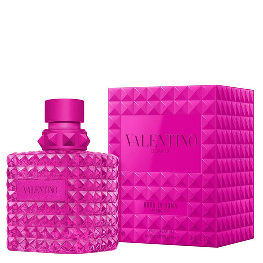 Pink Valentina perfume bottle and packaging on a white background