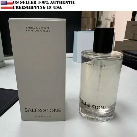 Salt & Stone perfume bottle and packaging on a table