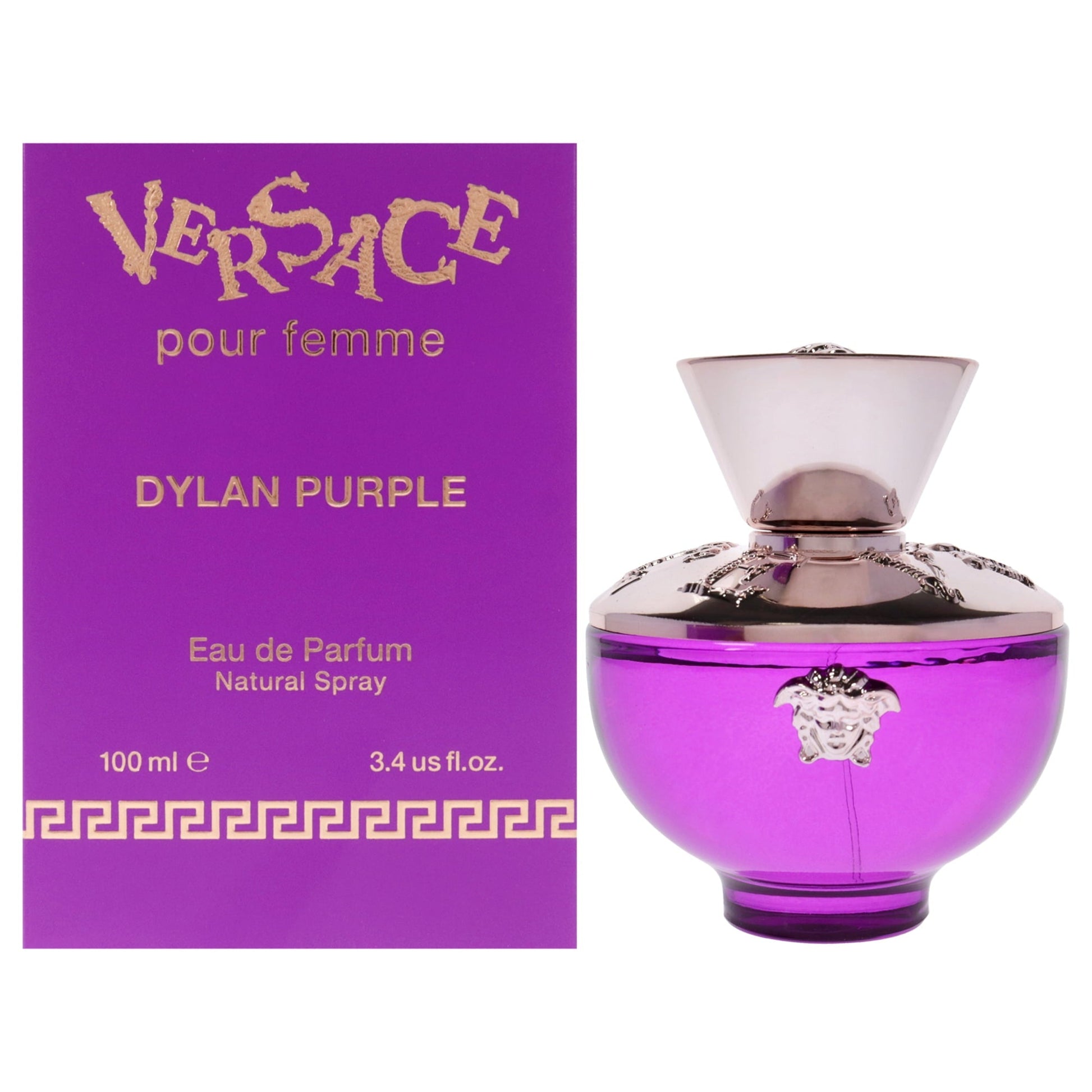 Versace Dylan Purple perfume bottle and packaging on a white background