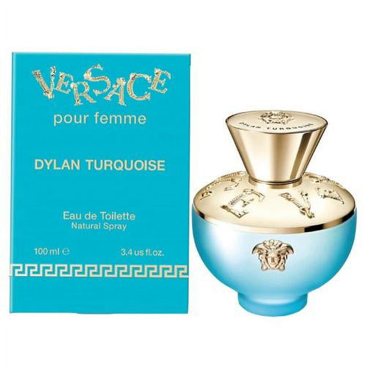 Versace Dylan Turquoise perfume bottle and packaging on a white background