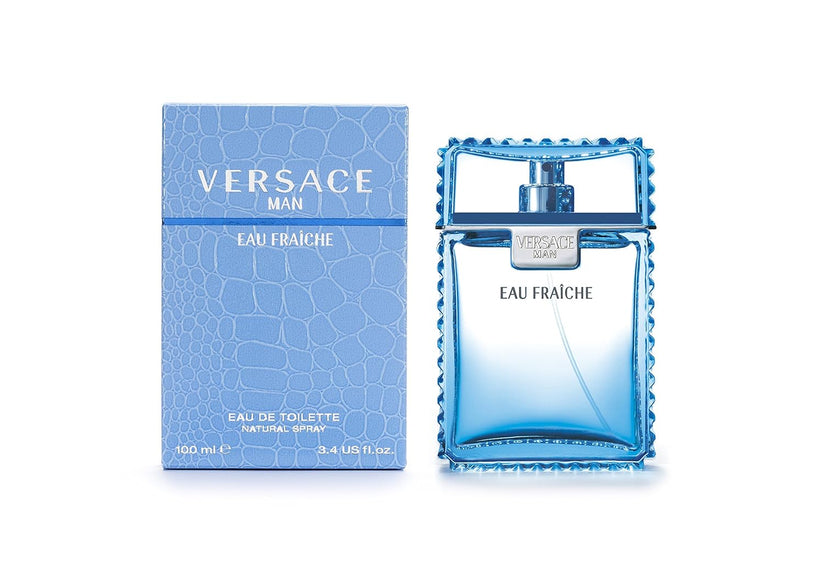 Versace Man Eau Fraçèche perfume bottle and packaging on a white background
