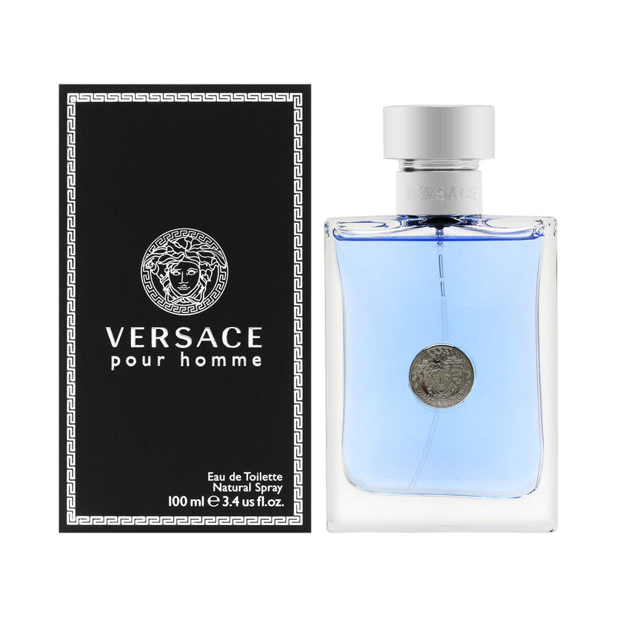 Versace pour homme perfume bottle and packaging on a white background